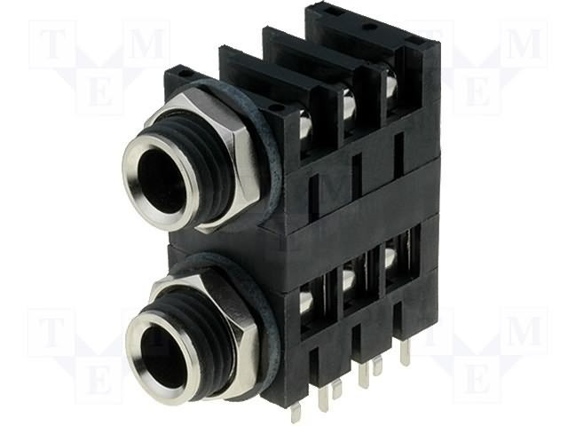 6.35mm 2 ligzdas, stereo, plastmasas, THT, skrūvejamas šasijai M10, metāla uzgrieznis, 3 x on/off, AMPHENOL