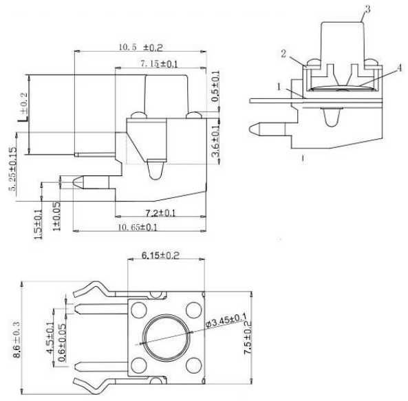 Mikroslēdzejs leķisks, SPST-NO, OFF-(ON), 0.05A/12VDC, THT, 6x6x4mm, 1.6N, L=0.8mm, ar zeme