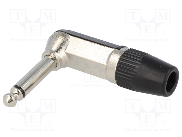 6.35mm štekers, mono, metālisks, uz vadu, ar amortizatoru, sudrabots/melns, leņķisks 90°, Dkab=6.4mm, CLIFF