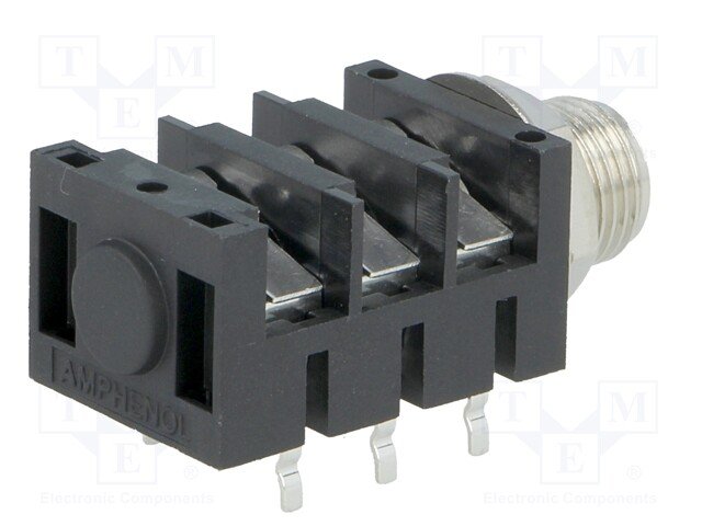 6.35mm ligzda, stereo, plastmasas, THT, skrūvejamas šasijai M9, metāla uzgrieznis, 2 x on/off, AMPHENOL