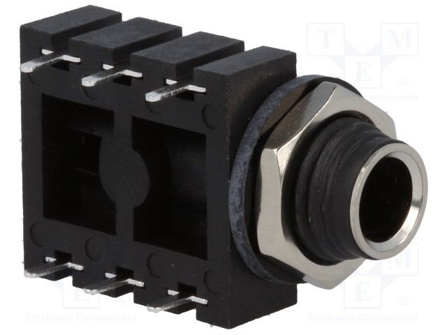 6.35mm ligzda, stereo, plastmasas, THT, skrūvejamas šasijai M9, metāla uzgrieznis, 2 x on/off, AMPHENOL