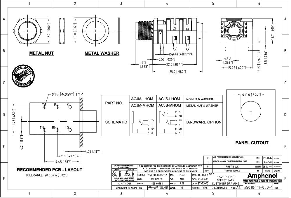 6.35mm ligzda, mono, plastmasas, THT, skrūvejamas šasijai M9, metāla uzgrieznis, on/off, AMPHENOL