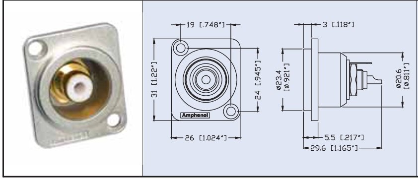 RCA ligzda, šasijai, GOLD, lodejama, sudrabota krasa, sarkans, 26x31x26.3mm, AMPHENOL