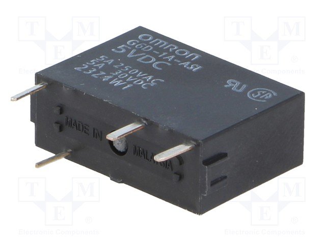 Relejs DC5V, SPST-NO, 5A/250VAC, 5A/30VDC, 125Ω(40mA), viens kontakts uz saslēgšanu, 17.5x6.5x12.5mm, OMRON