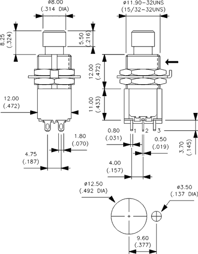 Poga DPDT, ON-(ON), 3A/250VAC, 4A/30VDC, Ø12.5mm, Ø12.0x36mm, metāla, lodejama, divi kontakti uz parslēgšanu, bez fiksacijas