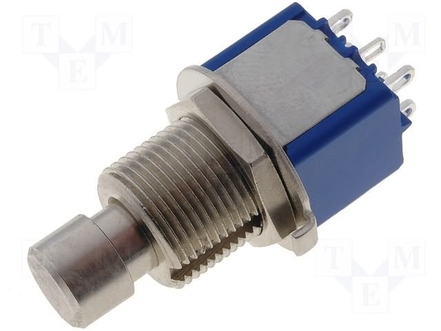 Poga DPDT, ON-(ON), 3A/250VAC, 4A/30VDC, Ø12.5mm, Ø12.0x36mm, metāla, lodejama, divi kontakti uz parslēgšanu, bez fiksacijas