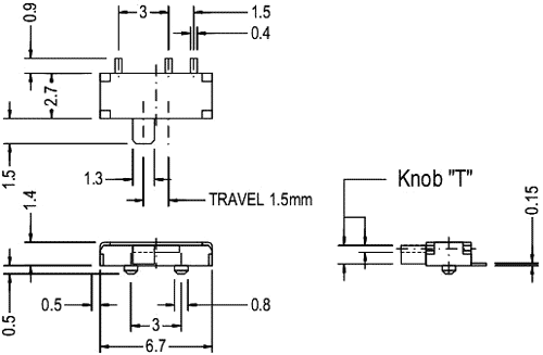 Pārslēdzējs slīdbīdņu SPDT, 0.3A/4VDC, ON-ON, SMD, 6.7x2.7mm, leņkisks, L=1.5mm, viens kontakts uz divam stāvoklim