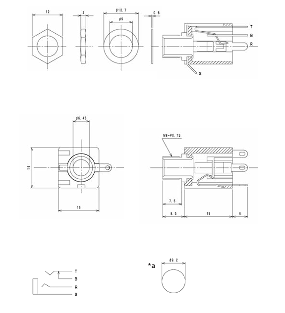 6.35mm ligzda, stereo, plastmasas, vadam, skrūvejamas šasijai M9, LUMBERG