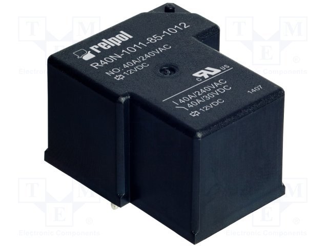 Relejs DC12V, SPDT, 40A/250VAC, 40A/30VDC, 160R(75mA), IP64, viens kontakts uz pārslēgšanu, 32.5x27.6x20.5mm, RELPOL