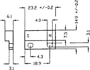 Magnēts pastāvīgs korpusā 23.2x14x6.1mm, AlNiCo500, 1210mT