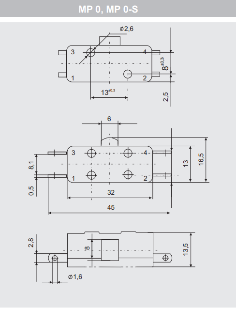 Mikropārslēdzējs bez sviras, SPST-NO + SPST-NC, ON-(ON), 1.6A/400VAC, IP40, 32x13x13.5mm, taisns, 2 kontakti