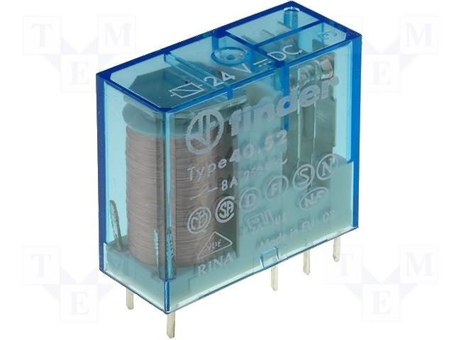 Relejs DC24V, DPDT, 2x8A/250VAC, 2x8A/30VDC, 900Ω(26mA), divi kontakti uz pārslēgšanu, 29x12.4x25mm, FINDER