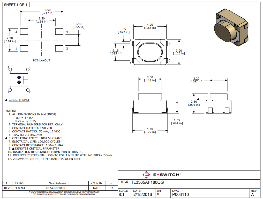 Mikroslēdzejs horizontāls, SPST-NO, OFF-(ON), 0.05A/12VDC, SMD, 4.2x3.2x2.5mm, 1.77N, L=1.5mm