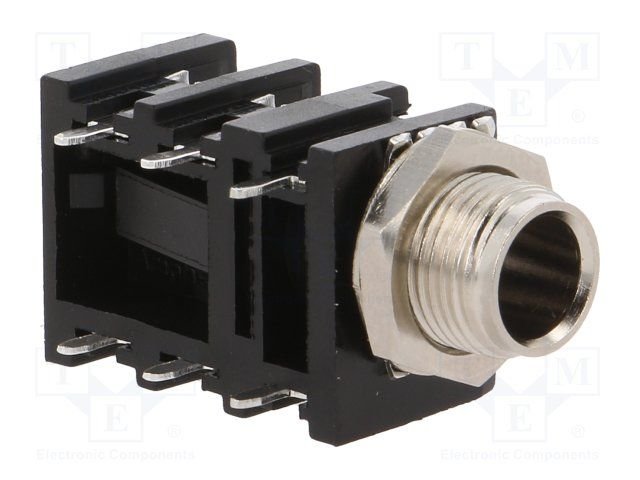 6.35mm ligzda, stereo, plastmasas, THT, skrūvejamas šasijai M9, metāla uzgrieznis, 2 x on/off, AMPHENOL