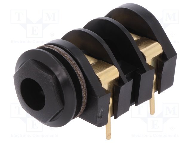 6.35mm ligzda, mono, plastmasas, THT, skrūvejamas šasijai M9, plastmasu uzgrieznis, apzelts melns, on/of, CLIFF