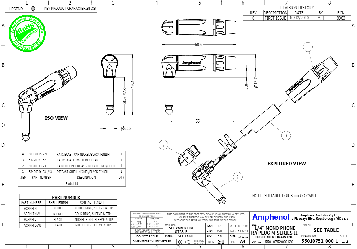 6.35mm štekers, mono, metālisks, uz vadu, ar amortizatoru, apzelts/melns, leņkisks, AMPHENOL