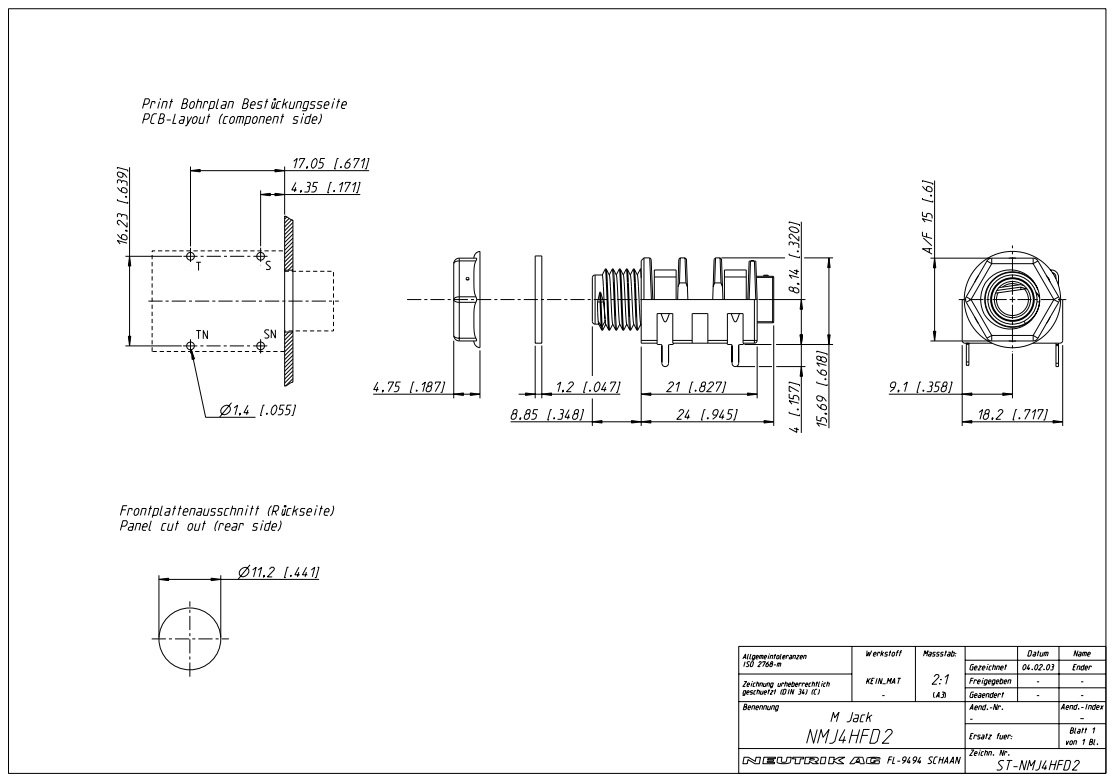 6.35mm ligzda, mono, plastmasas, THT, skrūvejamas šasijai M9, plastmasu uzgrieznis, on/of, NEUTRIK