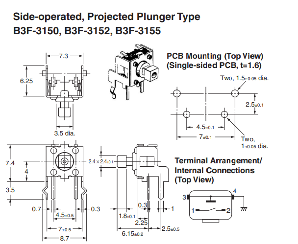 Mikroslēdzejs leņķisks, SPST-NO, OFF-(ON), 0.05A/24VDC, THT, 6x6x4mm, 0.98N, L=3.5mm, ar zeme, kvadrātveida stienis, OMRON