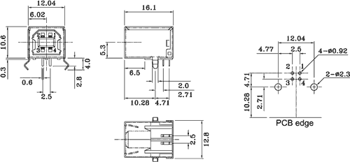 USB B(2.0) ligzda uz šasijai, THT