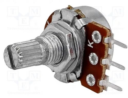 1K mono, Ø17x9.2mm, D=6mm, L=9mm, 63mW, ±20%, potenciometrs ar logarimisku atkarību, PCB veida