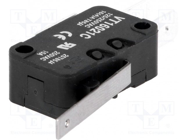 Mikropārslēdzējs ar sviru L=26mm, SPDT, ON-(ON), 14A/250VAC, IP40, 2.5N, konektori 6.3x0.8mm, 27.8x10.3x18.8mm, viens kontakts uz pārslēgšanu