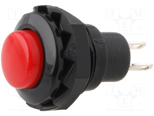 Poga SPST-NO, OFF-(ON), 1.5A/250VAC, M12, Ø16x30mm, sarkanā/melnā krasa, plastmasas, lodejama, bez fiksacijas