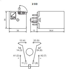 Relejs DC12V, DPDT, 2x10A/250VAC, 2x10A/24VDC, 110Ohm/109mA, divi kontakti uz pārslēgšanu, 35x35x54.5mm, RELPOL