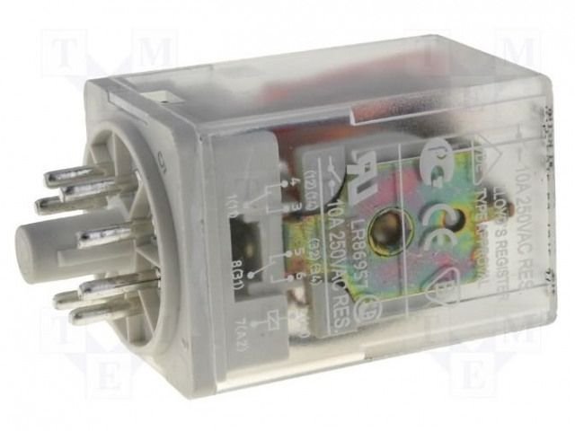 Relejs DC12V, DPDT, 2x10A/250VAC, 2x10A/24VDC, 110Ohm/109mA, divi kontakti uz pārslēgšanu, 35x35x54.5mm, RELPOL