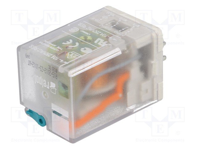 Relejs DC12V, DPDT, 2x10A/250VAC, 2x10A/24VDC, 110Ohm/109mA, divi kontakti uz pārslēgšanu, 35x35x54.5mm, RELPOL