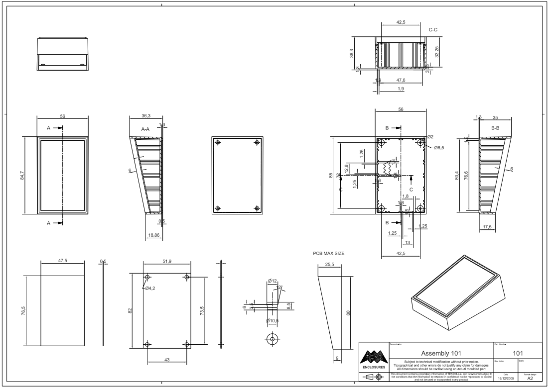 Plastmasas korpuss, PULT-10, 56x85x36/19mm, ABS, melnā krasa, Paneļa materiāls - alumīnijs, TEKO