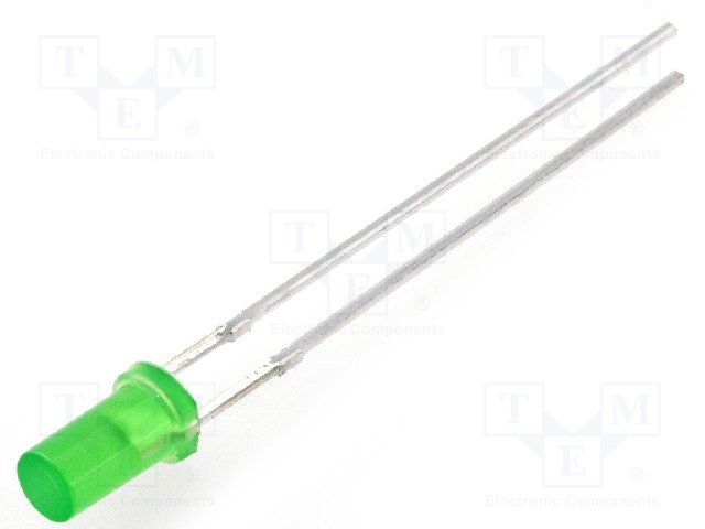 3mm, zaļa, 9...11mcd, 125°, 1.8..2.8V/20mA, 568nm, gaismas diode, plakana