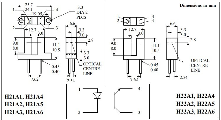 H21A3-I Optopāris arspraugas, izeja tranzistors, 3mm, 30V, 20mA/5V, 50mA