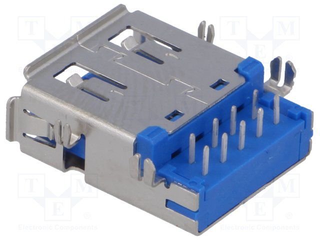 USB A(3.0) ligzda uz šasija, horizontāls, THT montāža, vidū platei, 4 piestiprinājuma punkti