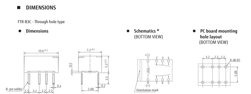 Relejs DC3V, DPDT, 2x0.3A/125VAC, 2x1A/24VDC, 64.3R(46.6mA), divi kontakti uz pārslēgšanu, 10.6x7.2x5.2mm, FUJITSU