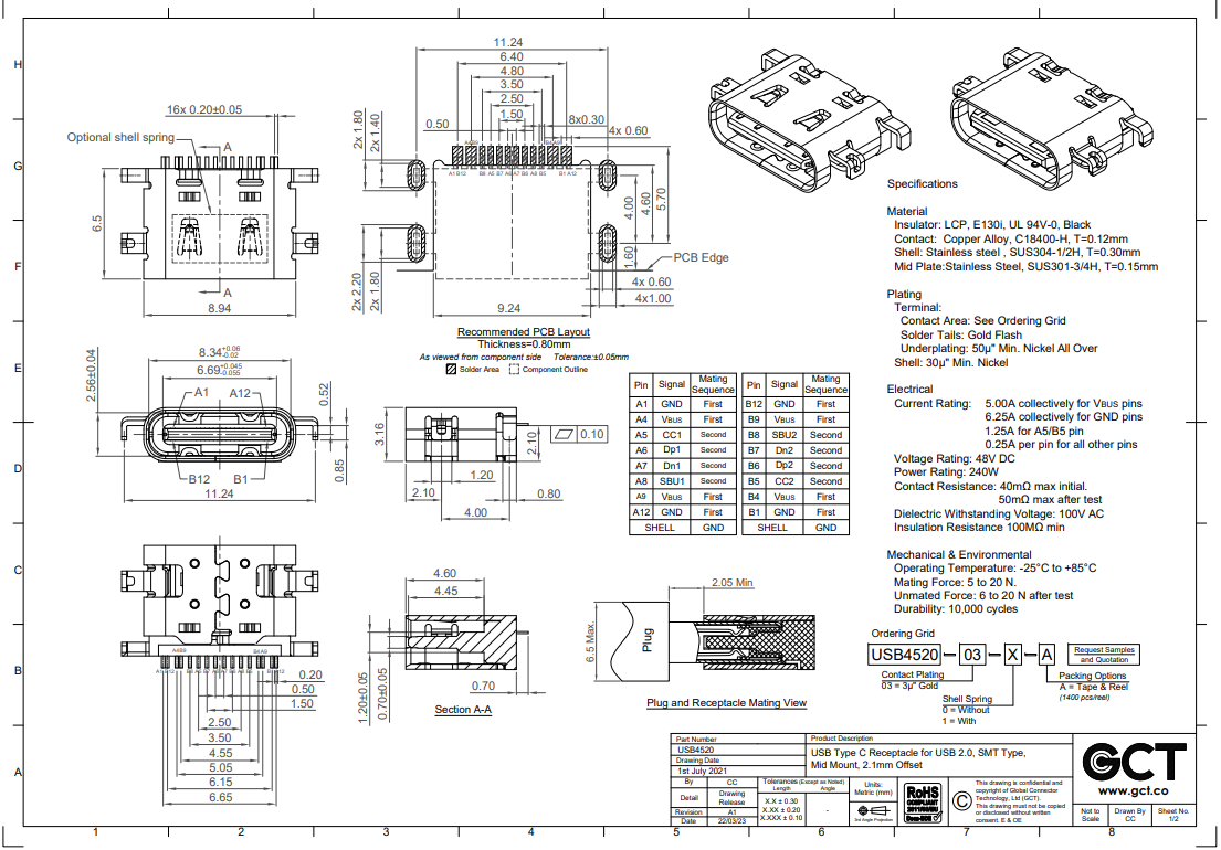 USB-C (type C), 2.0, ligzda uz šasija, SMT, vidū platei, 4 piestiprinājuma punkti, 16pin