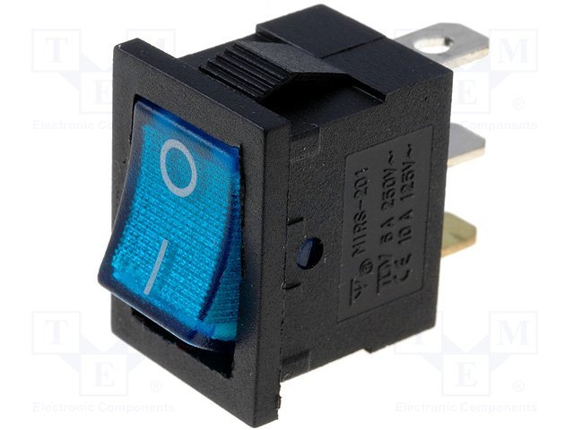 Taustiņslēdzis SPST, ON-OFF, 3A/250VAC,6A/125VAC, 18.8x12.9x14.4mm, apgaism. neona lamp. (--O), zilā krasa, ar fiksāciju