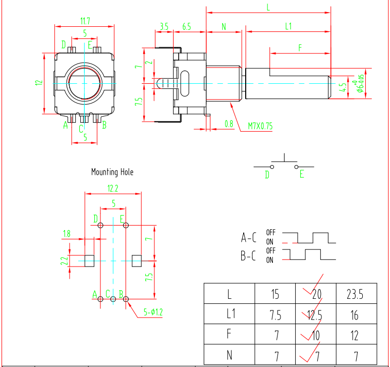 Enkoders, 20imp/revol., 12.4x13.4mm, L=20mm, metālisks rokturis D=6mm, D-profils, vertikāls, ar spiedpogu