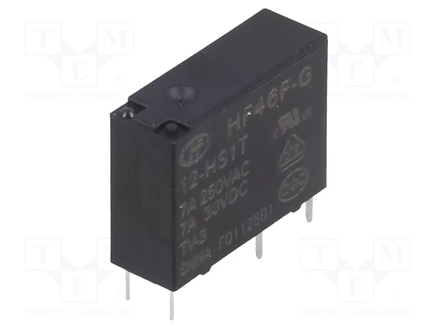Relejs DC12V, SPST-NO, 7A/250VAC, 7A/30VDC, 720Ω(16.6mA), viens kontakts uz saslēgšanu, 20.5x7x15.3mm, HONGFA RELAY