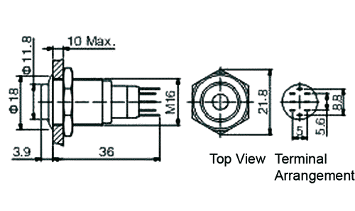 Poga M16x36mm, SPST-NO, ON-ON, 0.5A/220VAC, 1A/24VDC, IP67, LED24VDC, zaļa centrā, antivandala, ar fiksaciju