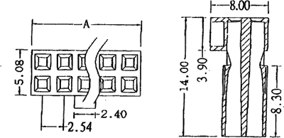 8(2x4)pin, 2.54mm, divas rindas, korpuss uz vadu, plastmasa
