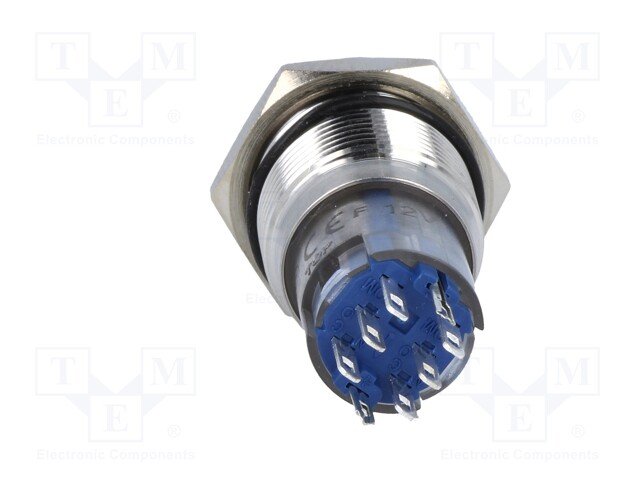 Poga M16x36mm, DPDT, ON-ON, 2A/48VDC, IP67, LED12VAC/DC, sarkana riņķis, antivandala, ar fiksaciju