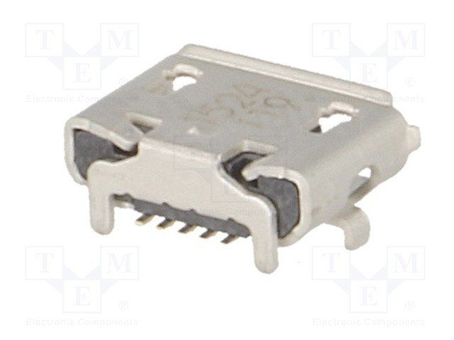 MicroUSB-B, ligzda 5 pin, leņkisks, SMD veida PCB, 4 piestiprinājuma punkti, (Molex)