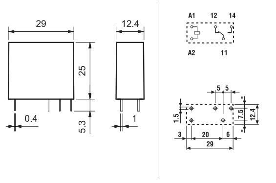 Relejs 110VAC, SPDT, 10A/250VAC, 10A/30VDC, 6.9kΩ(9.4mA), viens kontakts, 29x12.4x25mm, FINDER