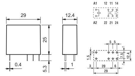 Relejs 110VAC, DPDT, 2x8A/250VAC, 2x8A/30VDC, 6.9kΩ(16mA), divi kontakti, 29.0x12.4x25mm, FINDER