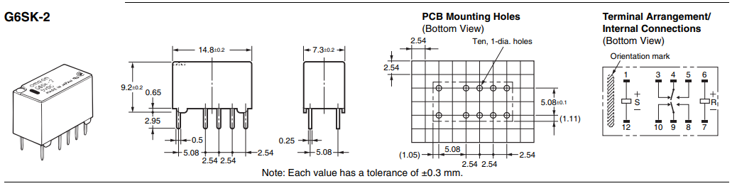 Relejs DC3V, DPDT, 2x0.5A/125VAC, 2x2A/30VDC, 45Ω(66mA), divi kontakti uz parslēgšanu, bistabilais,14.8x7.3x9.2mm, OMRON
