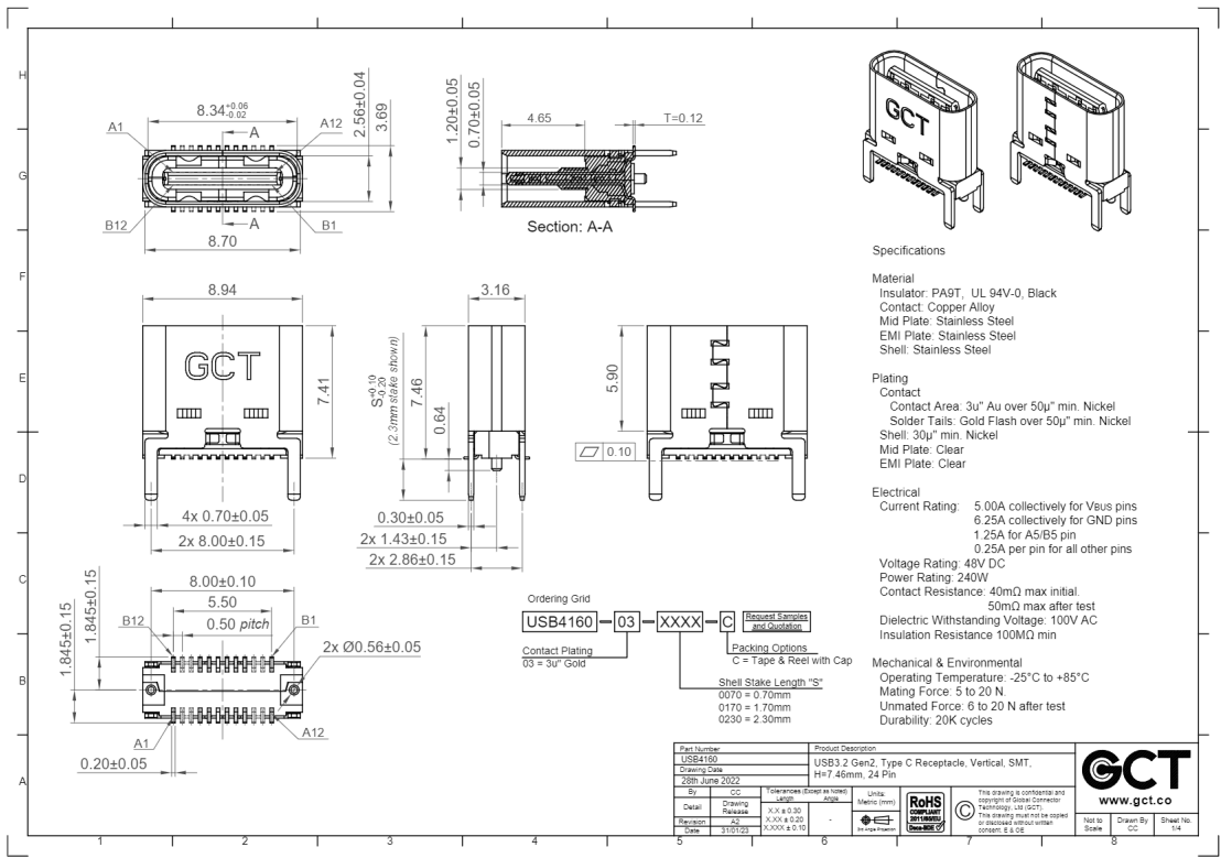 USB-C (type C), 3.2, ligzda uz šasija, SMT, vertikāls, 4 piestiprinājuma punkti, 24pin