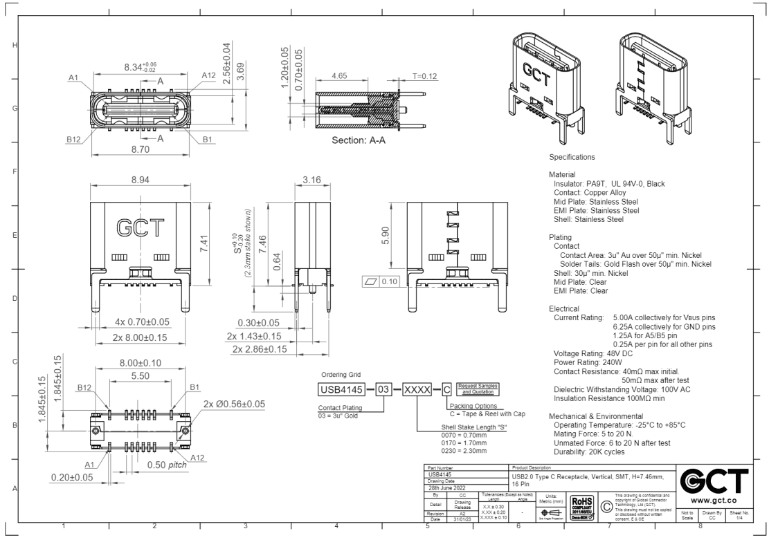 USB-C (type C), 2.0, ligzda uz šasija, SMT, vertikāls, 4 piestiprinājuma punkti, 16pin