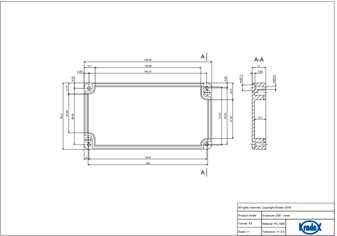 Plastmasas korpuss, 82x158x55mm, IP65, ABS, pelēkā krasa