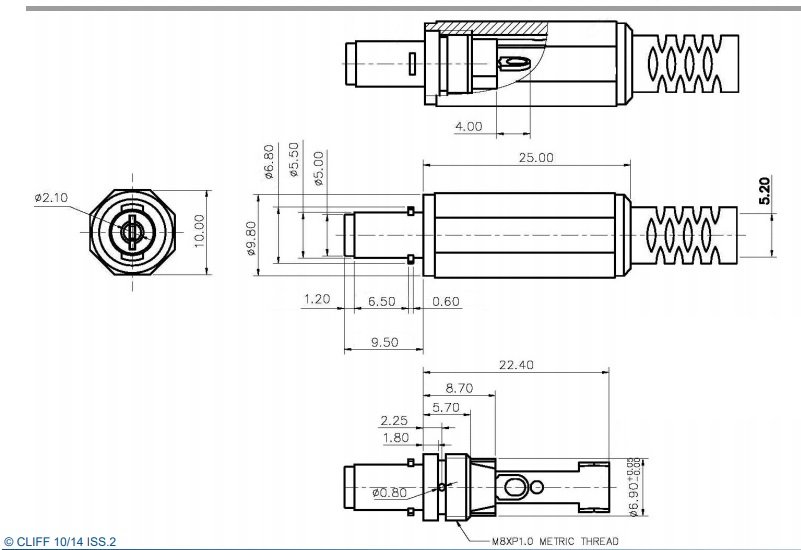5.5x2.1mm, L=9.5mm, štekers, lodējams, uz vadu, ar amortizatoriu, taisns, ar atsperu iekšēju kontaktu, 2A/16VDC, CLIFF