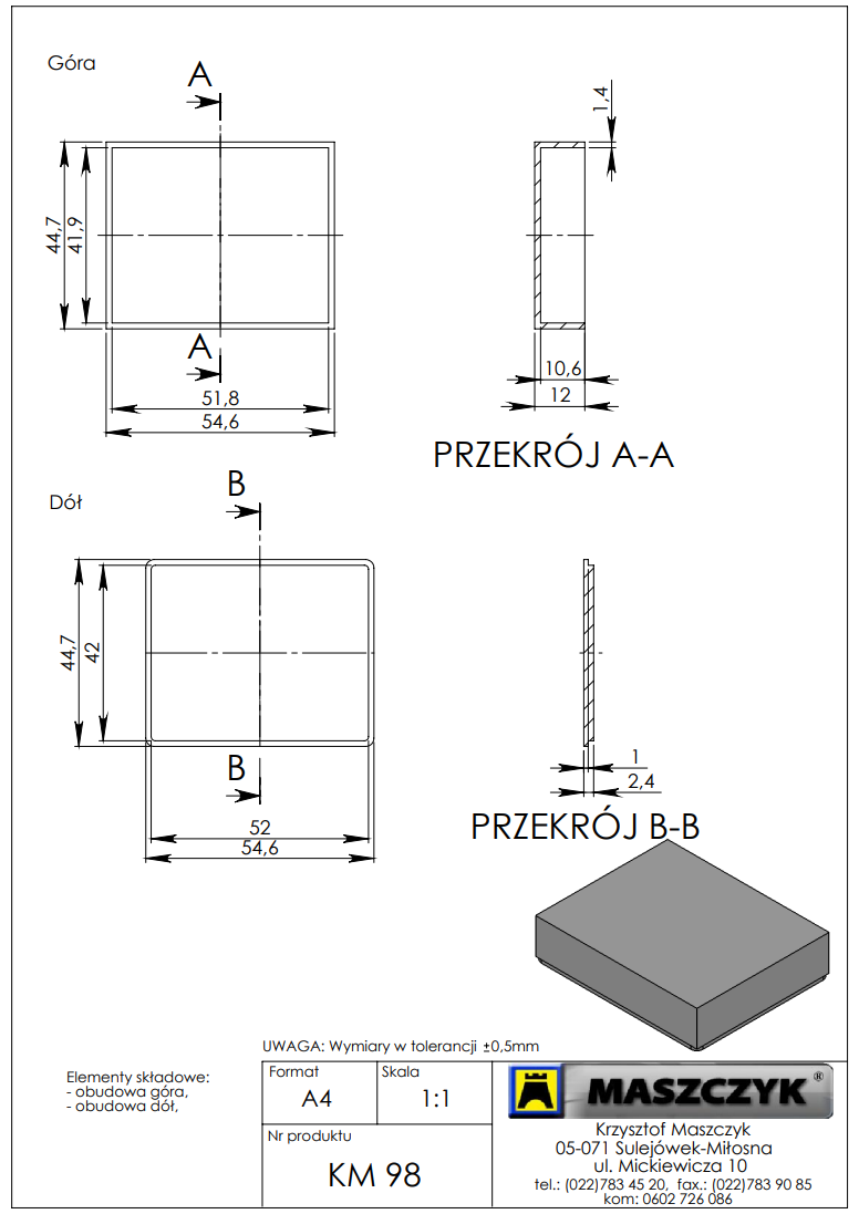 Plastmasas korpuss, 45x55x13mm, ABS,  melnā krasa
